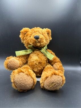 Harrods Golden Brown Plush Teddy Bear with Green Branded Ribbon